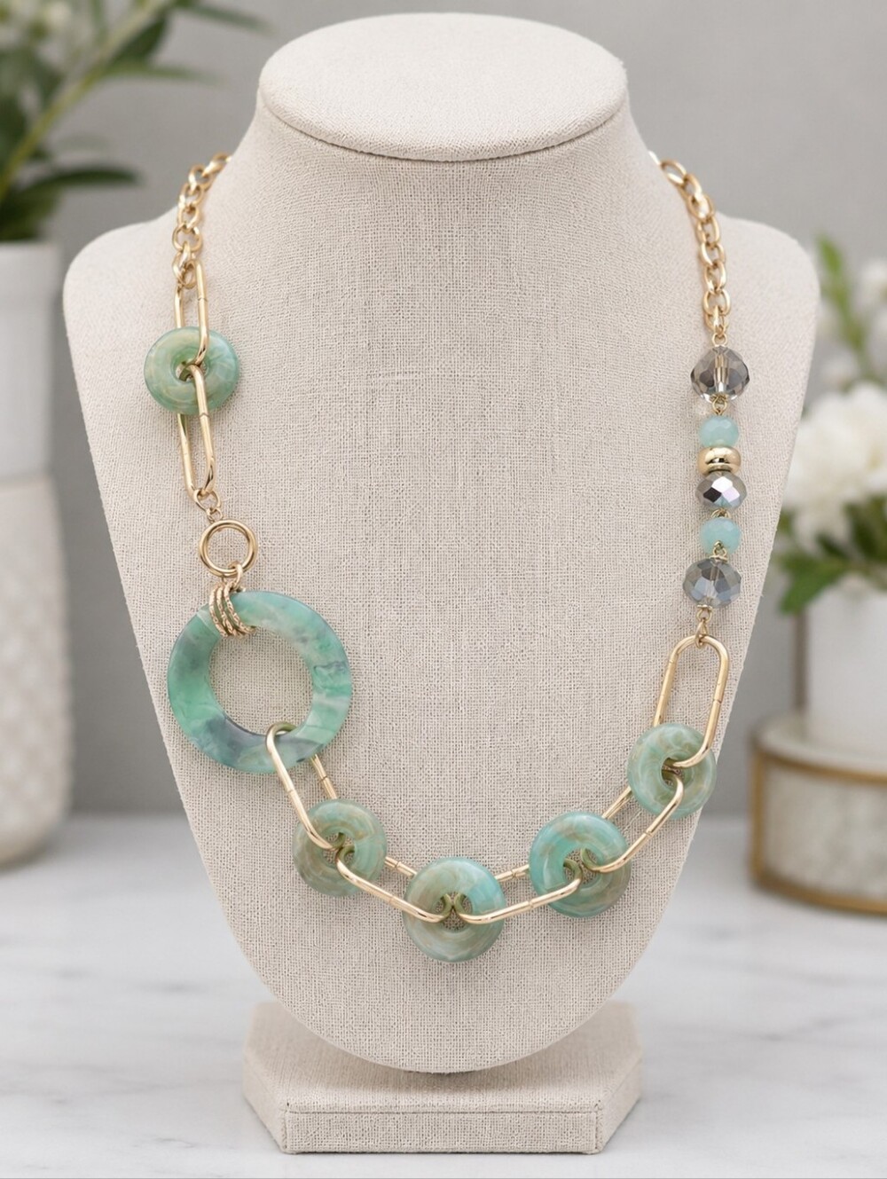 Mint Green Resin Link Statement Necklace Gold Tone Beaded Accent Adjustable
